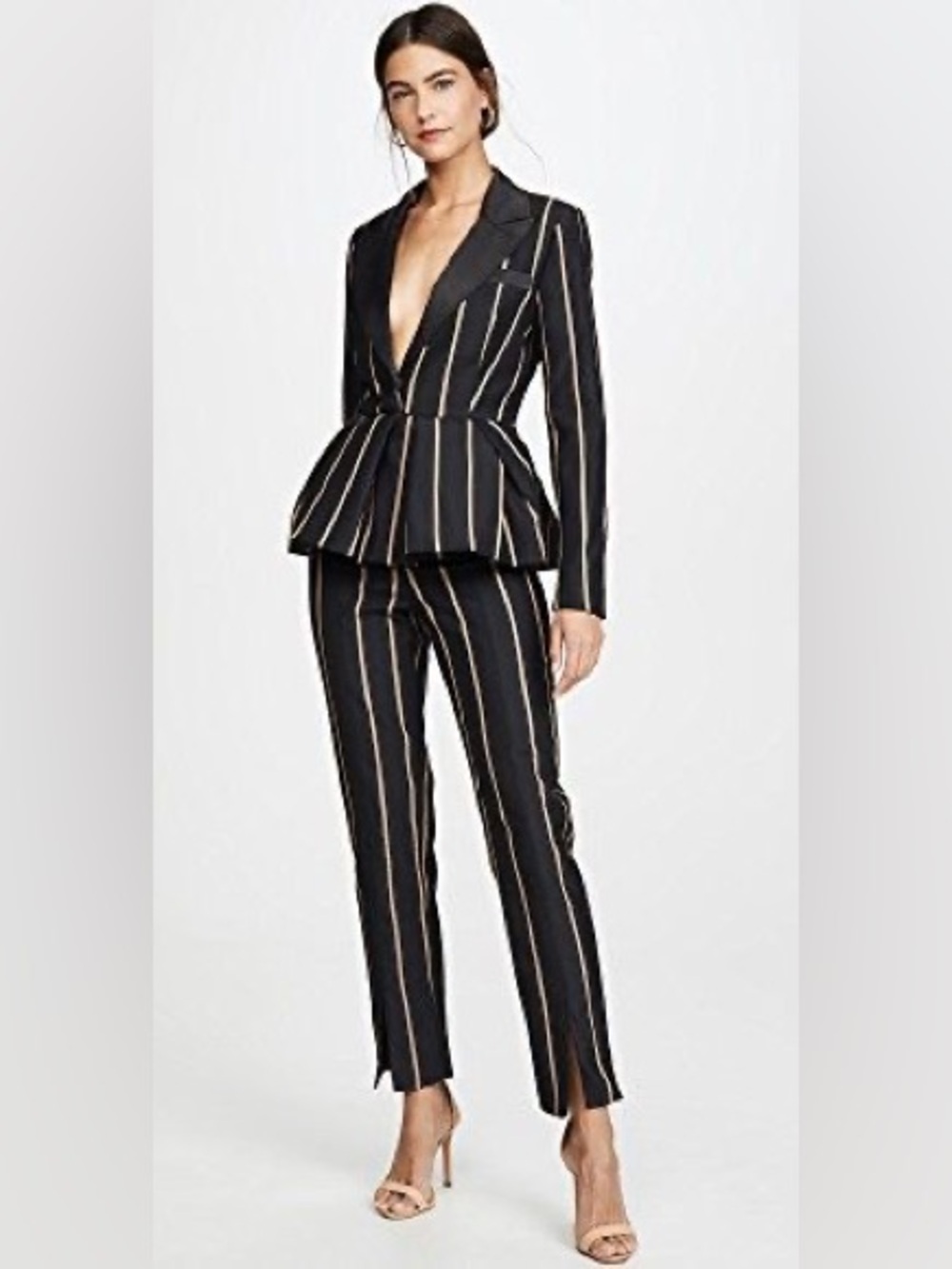 Self-Portrait Tailoring High Waisted Trousers - Black with Beige / Gold Stripes
